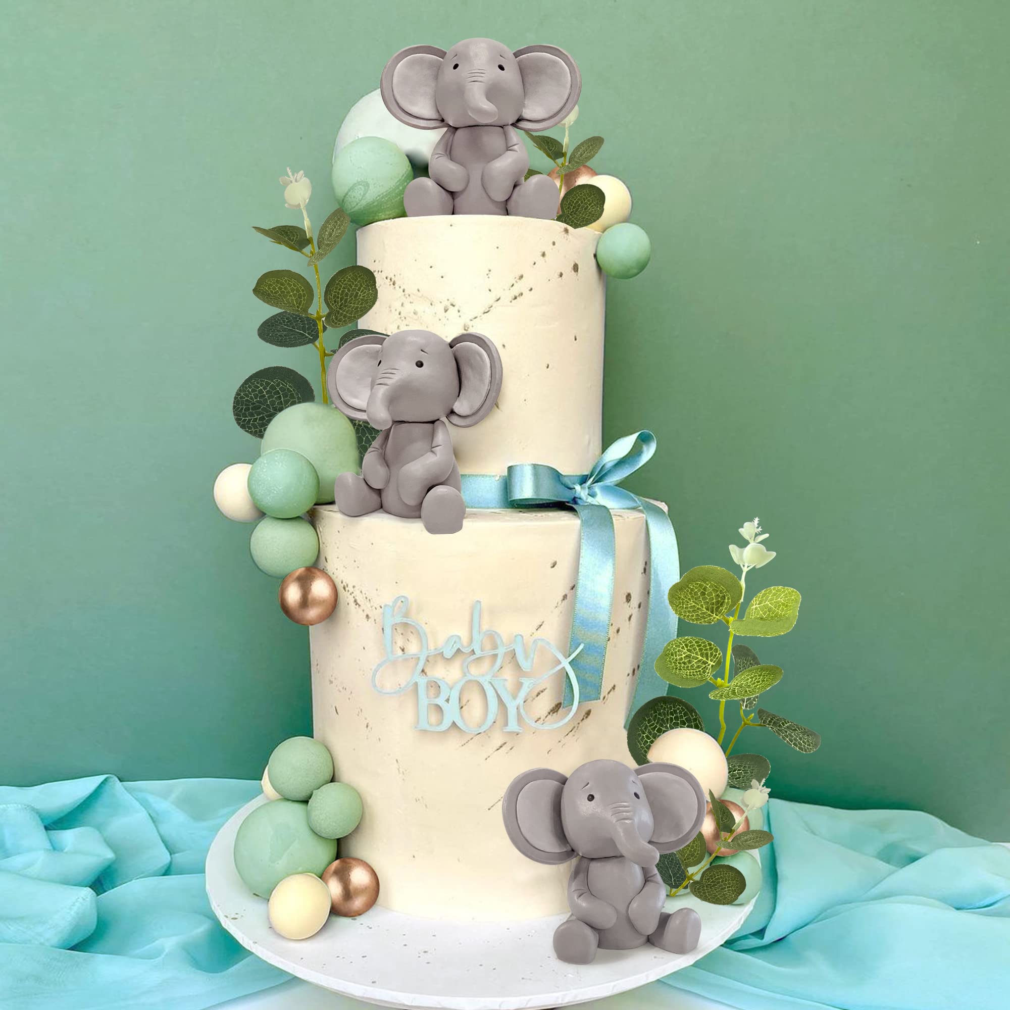 26 PCS Elephant Cake Decoration Pearl Balls Cake Picks Eucalyptus Leaves Decoration Elephant Baby Shower Cake Decoration