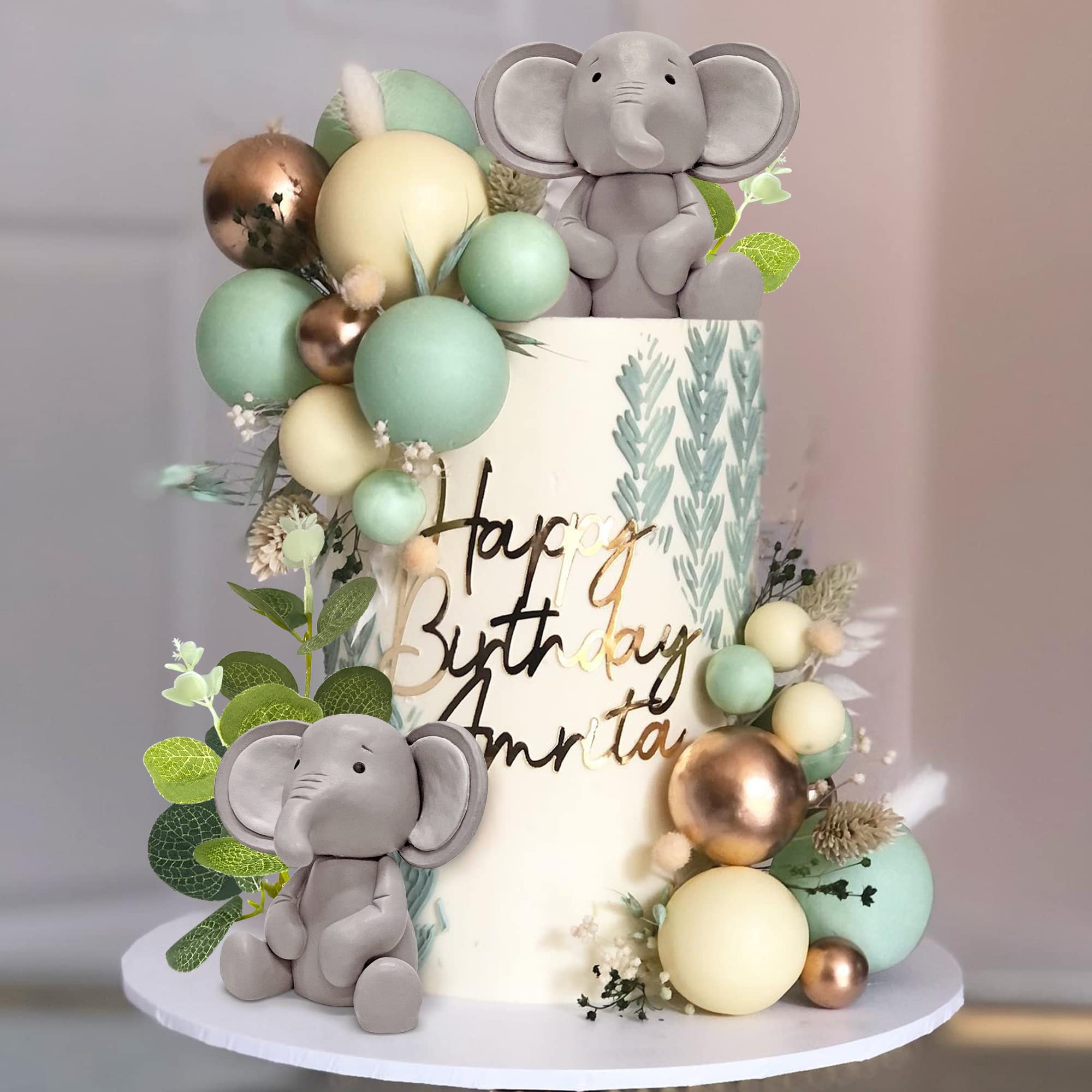 26 PCS Elephant Cake Decoration Pearl Balls Cake Picks Eucalyptus Leaves Decoration Elephant Baby Shower Cake Decoration