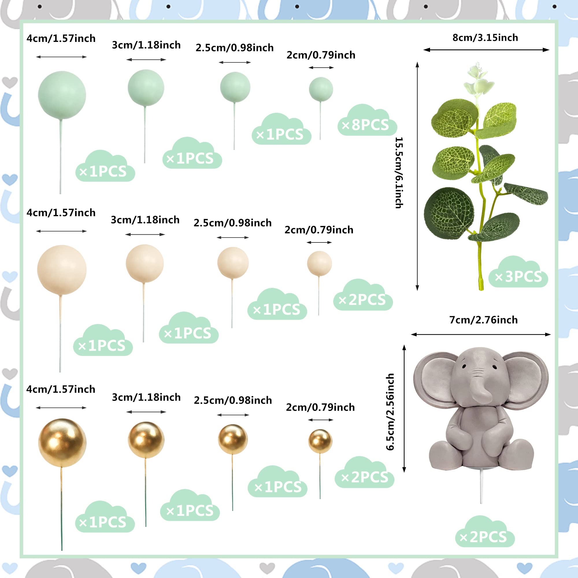 26 PCS Elephant Cake Decoration Pearl Balls Cake Picks Eucalyptus Leaves Decoration Elephant Baby Shower Cake Decoration