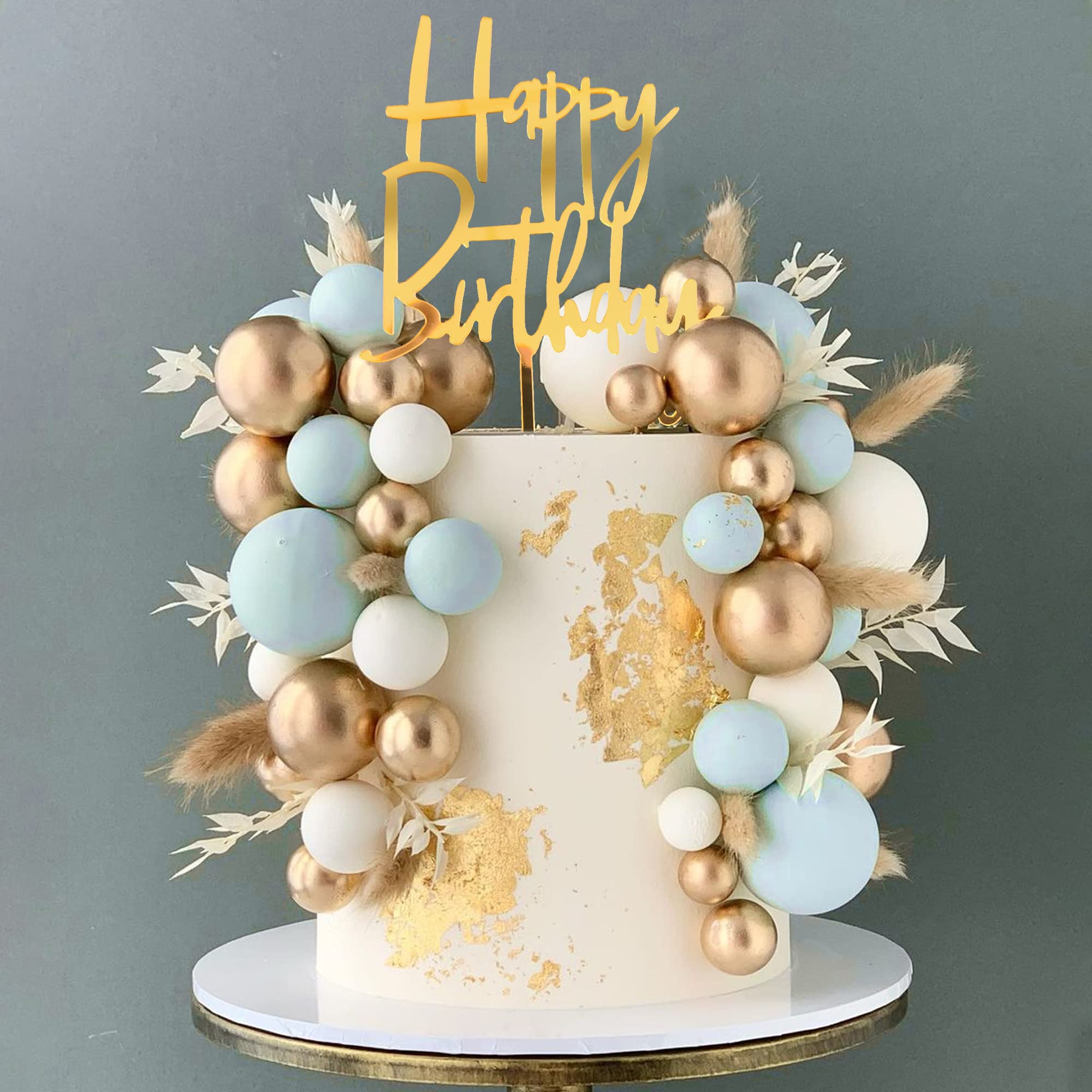 Blue Balls Cake Topper Boho Grass Cake topper Blue White Gold Pearl Balls Happy Birthday Cake Decorations for Wedding Baby Shower Birthday Boho Themed Party Supplies (Blue)