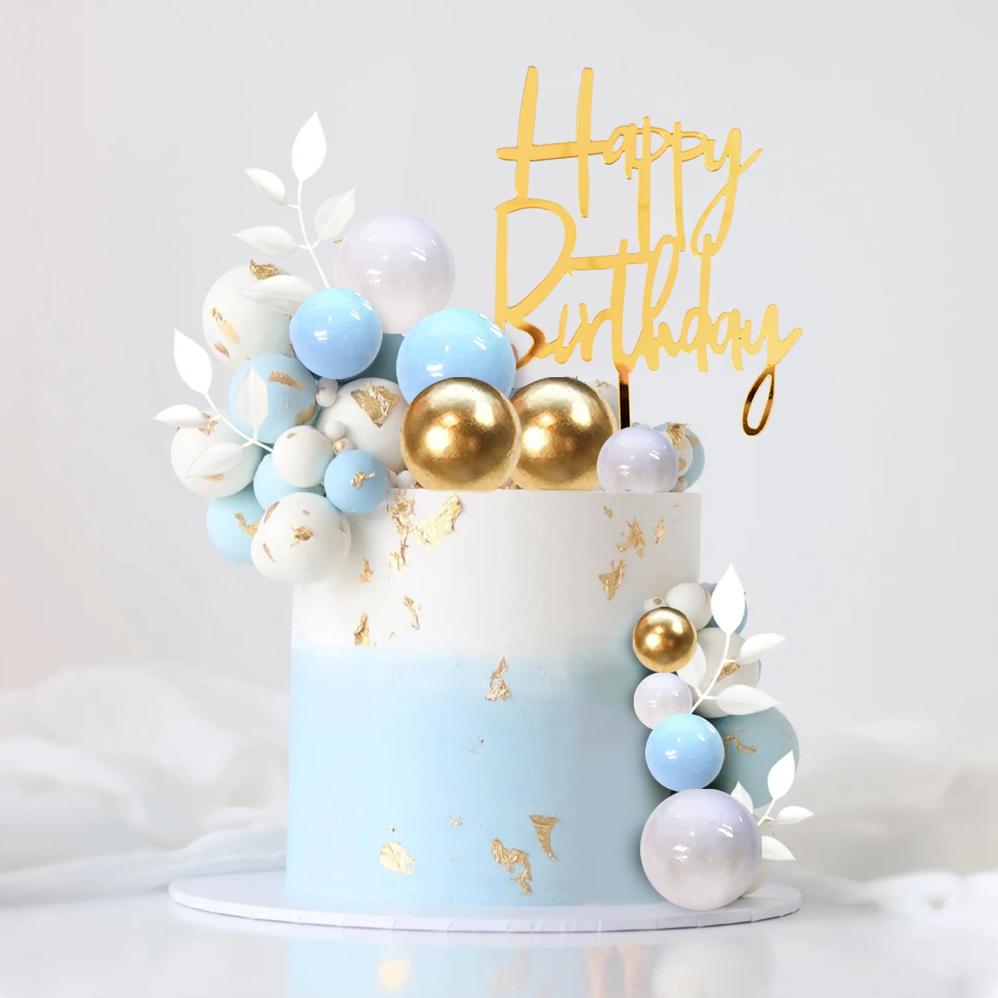 Blue Balls Cake Topper Boho Grass Cake topper Blue White Gold Pearl Balls Happy Birthday Cake Decorations for Wedding Baby Shower Birthday Boho Themed Party Supplies (Blue)