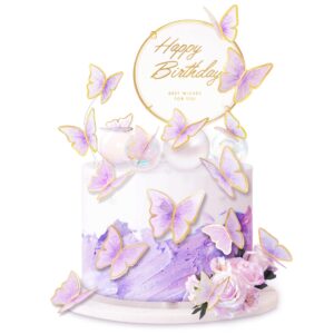 10-Pieces Purple Gold Butterfly Cake Toppers Happy Birthday 1-Metal Gold Birthday Cake Butterfly Party Decorations