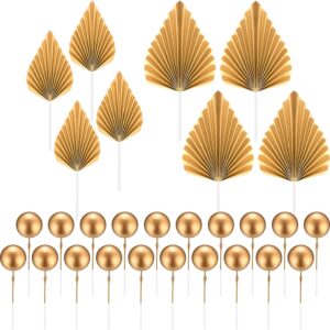 20 pcs gold balls cake toppers, 8 pcs gold palm leaves cake decorations, foam balls paper palm leaf cake insert toppers decorations for birthday wedding baby shower party decorations