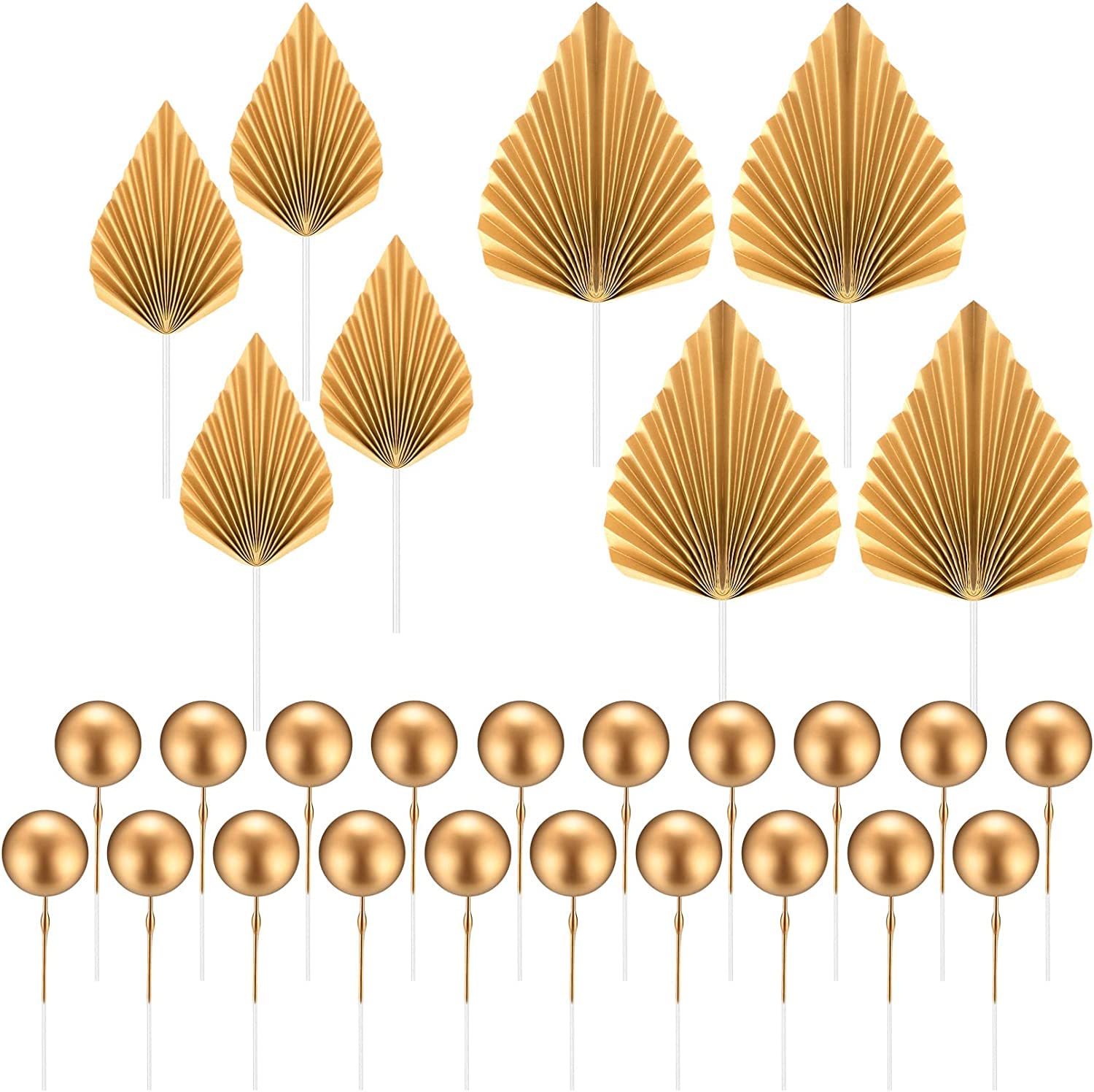 20 Pcs Gold Balls Cake Toppers, 8 Pcs Gold Palm Leaves Cake Decorations, Foam Balls Paper Palm Leaf Cake Insert Toppers Decorations for Birthday Wedding Baby Shower Party Decorations