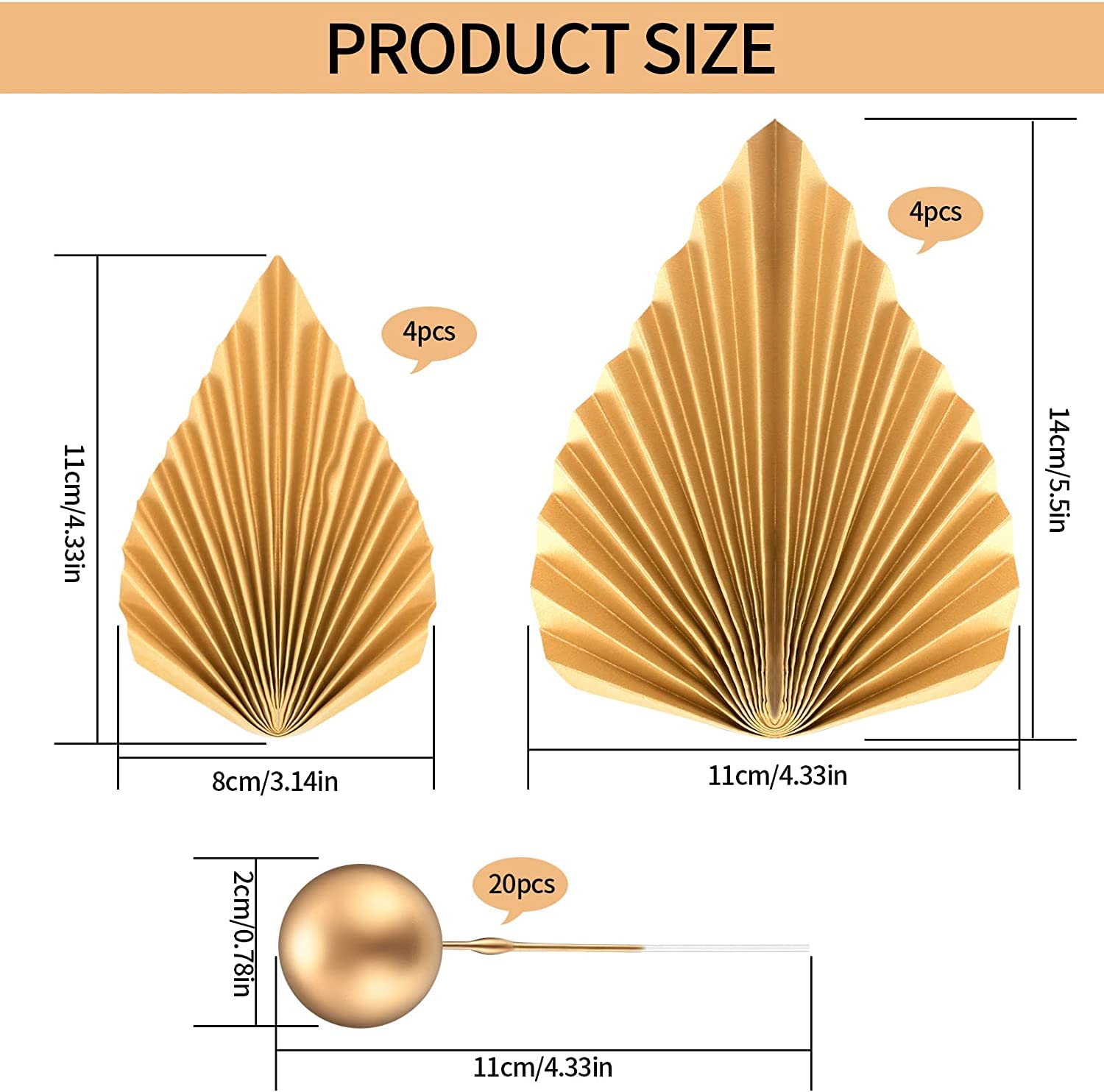 20 Pcs Gold Balls Cake Toppers, 8 Pcs Gold Palm Leaves Cake Decorations, Foam Balls Paper Palm Leaf Cake Insert Toppers Decorations for Birthday Wedding Baby Shower Party Decorations