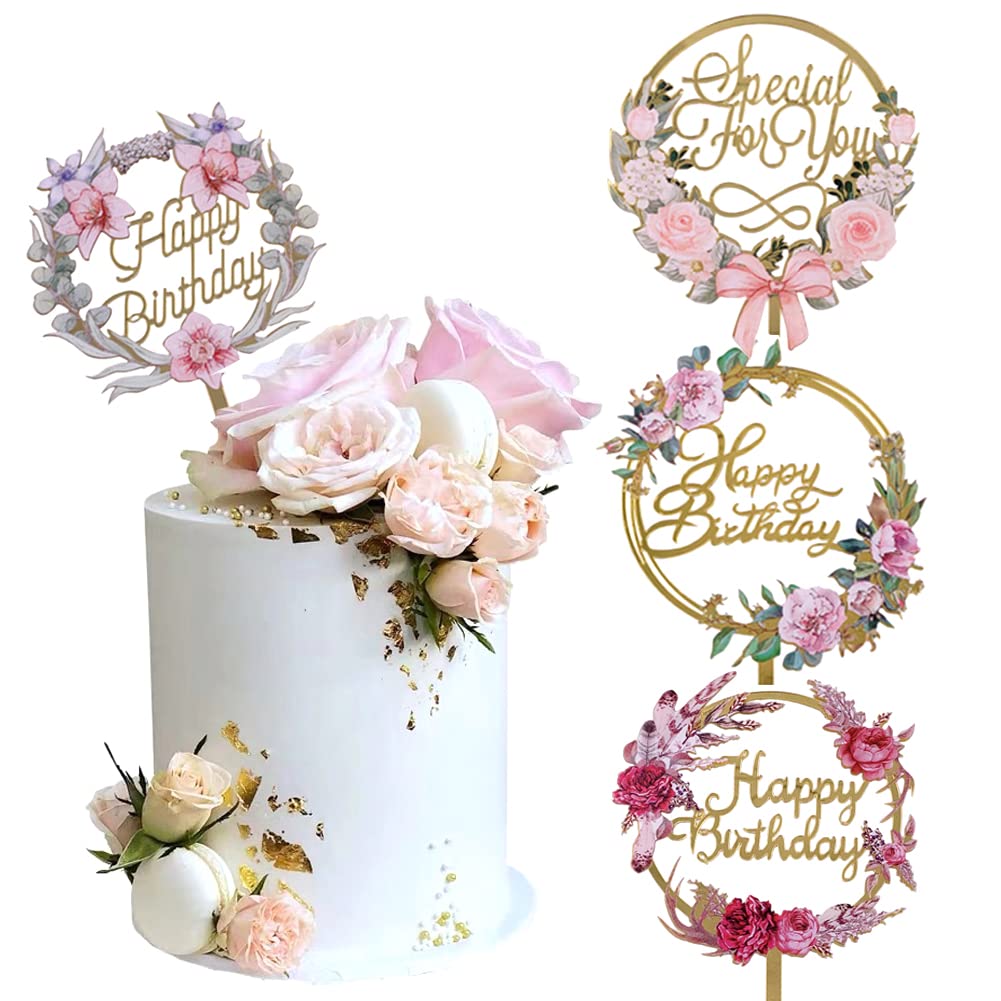 4pcs Gold Flower Acrylic Happy Birthday Cake Topper Cake Decoration Supplies