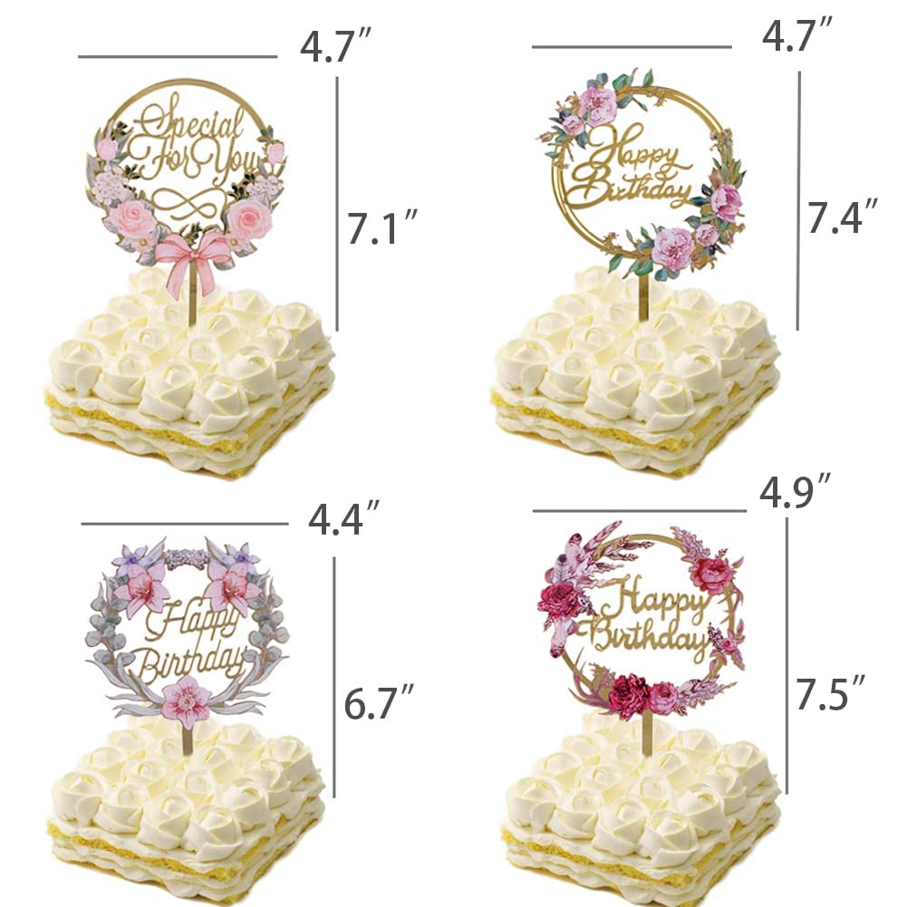 4pcs Gold Flower Acrylic Happy Birthday Cake Topper Cake Decoration Supplies