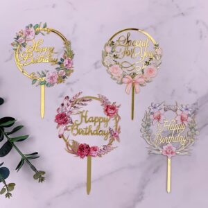 4pcs Gold Flower Acrylic Happy Birthday Cake Topper Cake Decoration Supplies