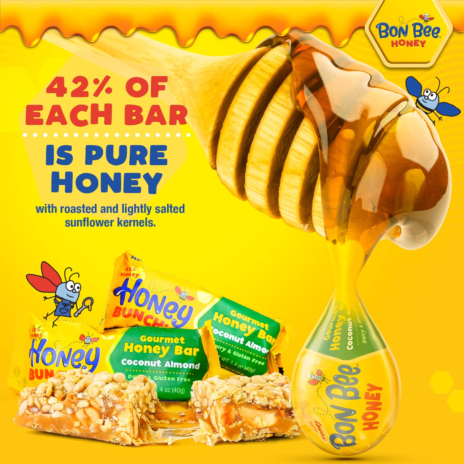 BON BEE Honey Bunchies All Natural Honey Bar - Natural Breakfast & Nutrition Bars for Healthy Energy & Fuel - Variety of Delicious Highlights & Perfectly Balanced, 12-1.4oz Bars