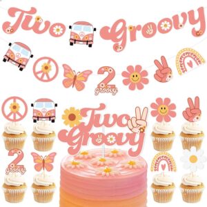 11Pcs Groovy Party Decorations, 2Pcs Two Groovy Banner 1PC Cake Toppers 8Pcs Hippie Party Cupcake Toppers Smile Daisy Flower Victory Peace Love Toppers for Baby Shower 2nd Birthday 70s Theme Boho