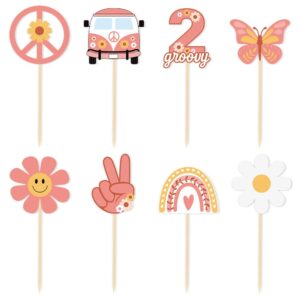 11Pcs Groovy Party Decorations, 2Pcs Two Groovy Banner 1PC Cake Toppers 8Pcs Hippie Party Cupcake Toppers Smile Daisy Flower Victory Peace Love Toppers for Baby Shower 2nd Birthday 70s Theme Boho