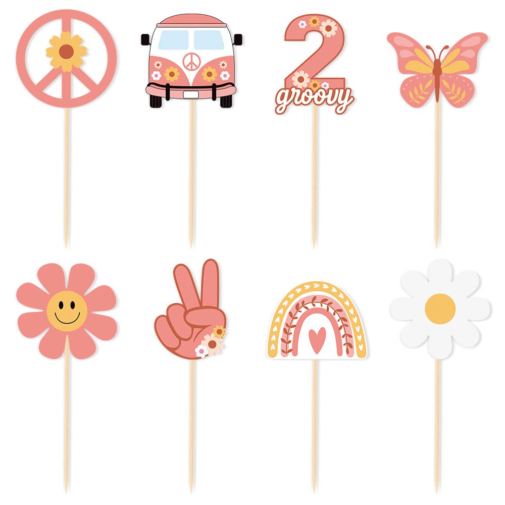 11Pcs Groovy Party Decorations, 2Pcs Two Groovy Banner 1PC Cake Toppers 8Pcs Hippie Party Cupcake Toppers Smile Daisy Flower Victory Peace Love Toppers for Baby Shower 2nd Birthday 70s Theme Boho