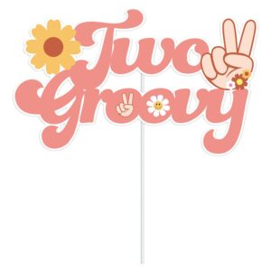 11Pcs Groovy Party Decorations, 2Pcs Two Groovy Banner 1PC Cake Toppers 8Pcs Hippie Party Cupcake Toppers Smile Daisy Flower Victory Peace Love Toppers for Baby Shower 2nd Birthday 70s Theme Boho