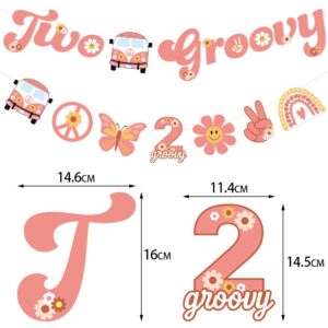 11Pcs Groovy Party Decorations, 2Pcs Two Groovy Banner 1PC Cake Toppers 8Pcs Hippie Party Cupcake Toppers Smile Daisy Flower Victory Peace Love Toppers for Baby Shower 2nd Birthday 70s Theme Boho