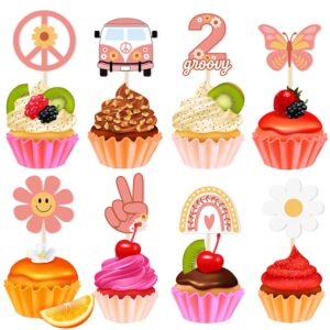 11Pcs Groovy Party Decorations, 2Pcs Two Groovy Banner 1PC Cake Toppers 8Pcs Hippie Party Cupcake Toppers Smile Daisy Flower Victory Peace Love Toppers for Baby Shower 2nd Birthday 70s Theme Boho