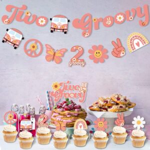 11Pcs Groovy Party Decorations, 2Pcs Two Groovy Banner 1PC Cake Toppers 8Pcs Hippie Party Cupcake Toppers Smile Daisy Flower Victory Peace Love Toppers for Baby Shower 2nd Birthday 70s Theme Boho