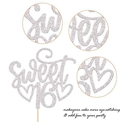 1 Pack Sweet Teenager 16 Cake Topper Glitter 16th Birthday Cake Pick for Cheers to 16 Years Old 16th Birthday Party Cake Decorations Supplies Sliver