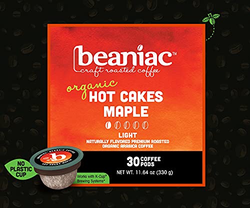 beaniac Hot Cakes Maple, Flavored Light Roast, Single Serve Compostable K Cup Coffee Pods, Organic Arabica Coffee with Natural Flavors, Keurig Brewer Compatible, 30 Count