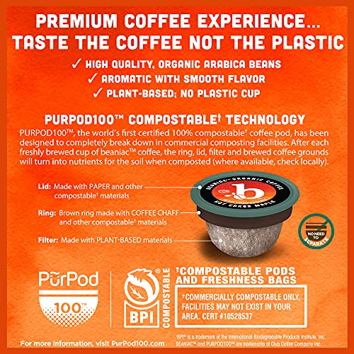 beaniac Hot Cakes Maple, Flavored Light Roast, Single Serve Compostable K Cup Coffee Pods, Organic Arabica Coffee with Natural Flavors, Keurig Brewer Compatible, 30 Count