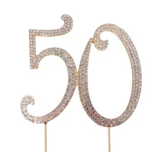 honbay 50 birthday cake topper sparkly bling alloy crystal rhinestones cake topper cake decoration for 50th birthday or anniversary party (gold)