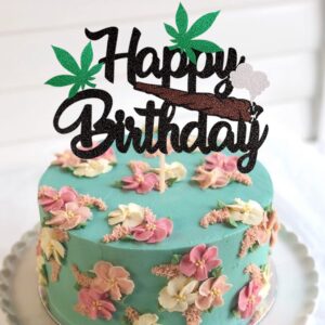 1 Pack Happy Birthday Cake Topper Glitter 420 Birthday Theme Cake Pick Pot Weed Leaves Cake Decorations for Men Women 420 Happy Birthday Party Supplies