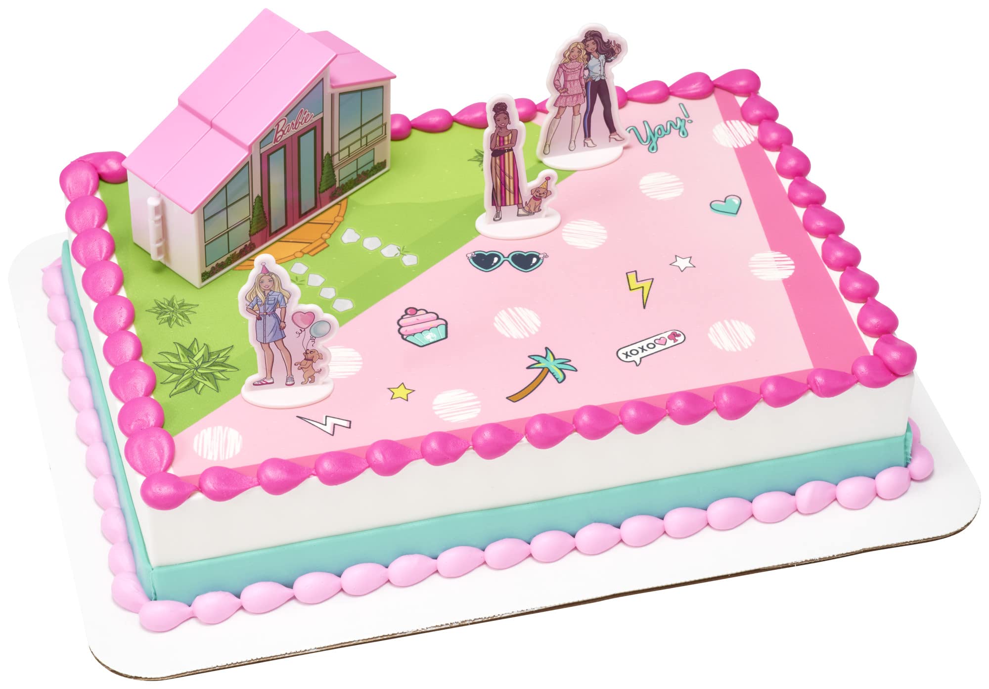 DecoSet Barbie Dreamhouse Adventures Cake Topper, 4 Piece Cake Decoration With Barbie, Barbie Dreamhouse, and Friends, For Birthday Cake, Ready to Use