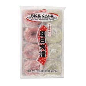 shirakiku red and white daifuku mochi rice cake | delight with maltose, glutinous rice, red bean filling | perfect for asian snacking and desserts | 12.72oz, (pack of 1)