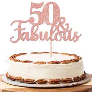 1 pcs 50 & fabulous cake topper glitter fifty and fabulous cake toppers happy 50th birthday cake pick for 50th wedding anniversary birthday party cake decorations supplies rose gold