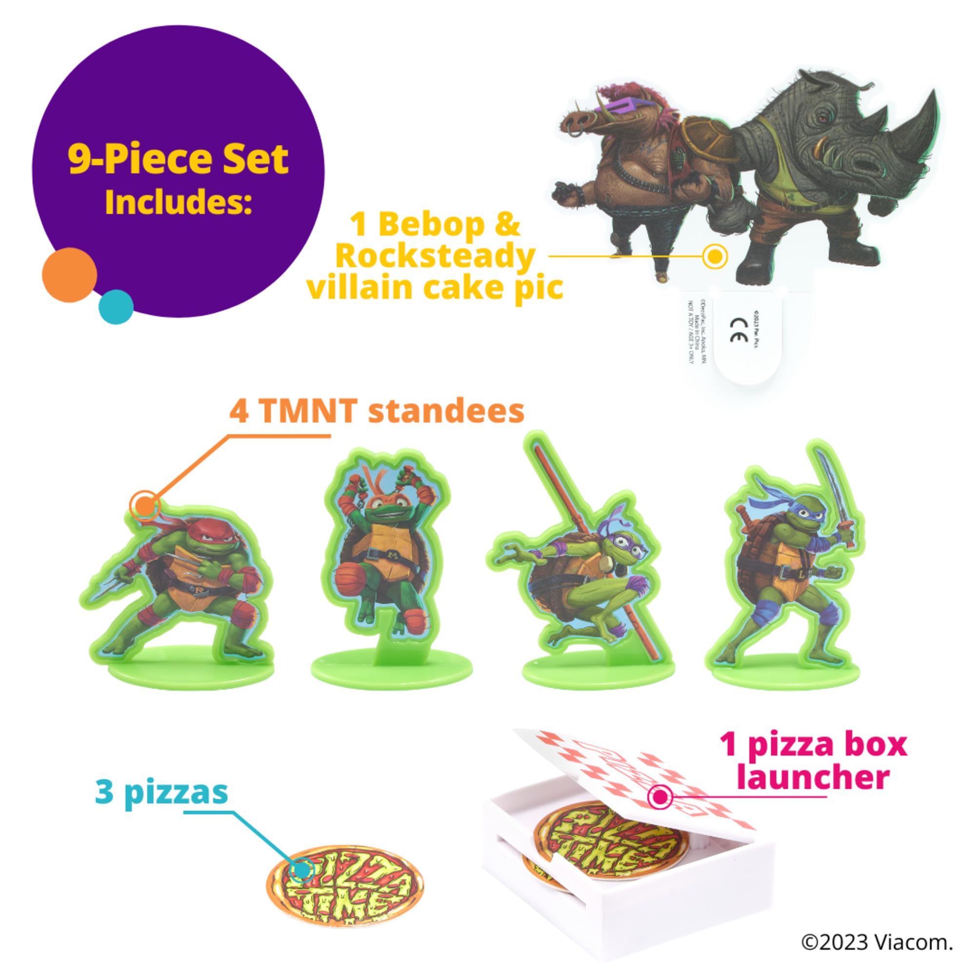 DecoSet® Teenage Mutant Ninja Turtles™ Pizza Power Cake Topper, 6-Piece Cake Decoration With Turtle Figurines, Cake Pic, And Pizza Launcher ! | For Birthday, Parties, Celebration