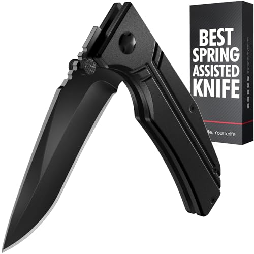 Grand Way Tactical Knife for Men - 3.5" Blade Black Pocket Knife with Pocket Clip Aluminum Handle - Cool Sharp Folding Knives for Military Work Survival Outdoor - Birthday Gifts for Dad 140106 B