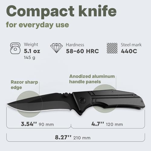 Grand Way Tactical Knife for Men - 3.5" Blade Black Pocket Knife with Pocket Clip Aluminum Handle - Cool Sharp Folding Knives for Military Work Survival Outdoor - Birthday Gifts for Dad 140106 B