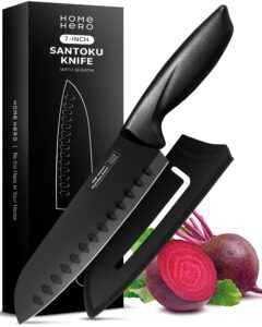 home hero 2 pcs santoku knife with sheath - high carbon stainless steel chopping knife with ergonomic handle - razor-sharp multi-purpose kitchen knife for chopping vegetable and cooking (black)