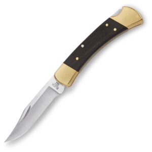 buck knives 110 folding hunter lock-back knife, brass bolsters, ebony handles, 3-3/4" 420hc blade with leather sheath