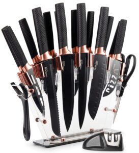 nuovva professional kitchen knife set with block - copper 17 piece knives set with steak knives - clear acrylic block high carbon stainless steel blades - with knife sharpener peeler and scissors