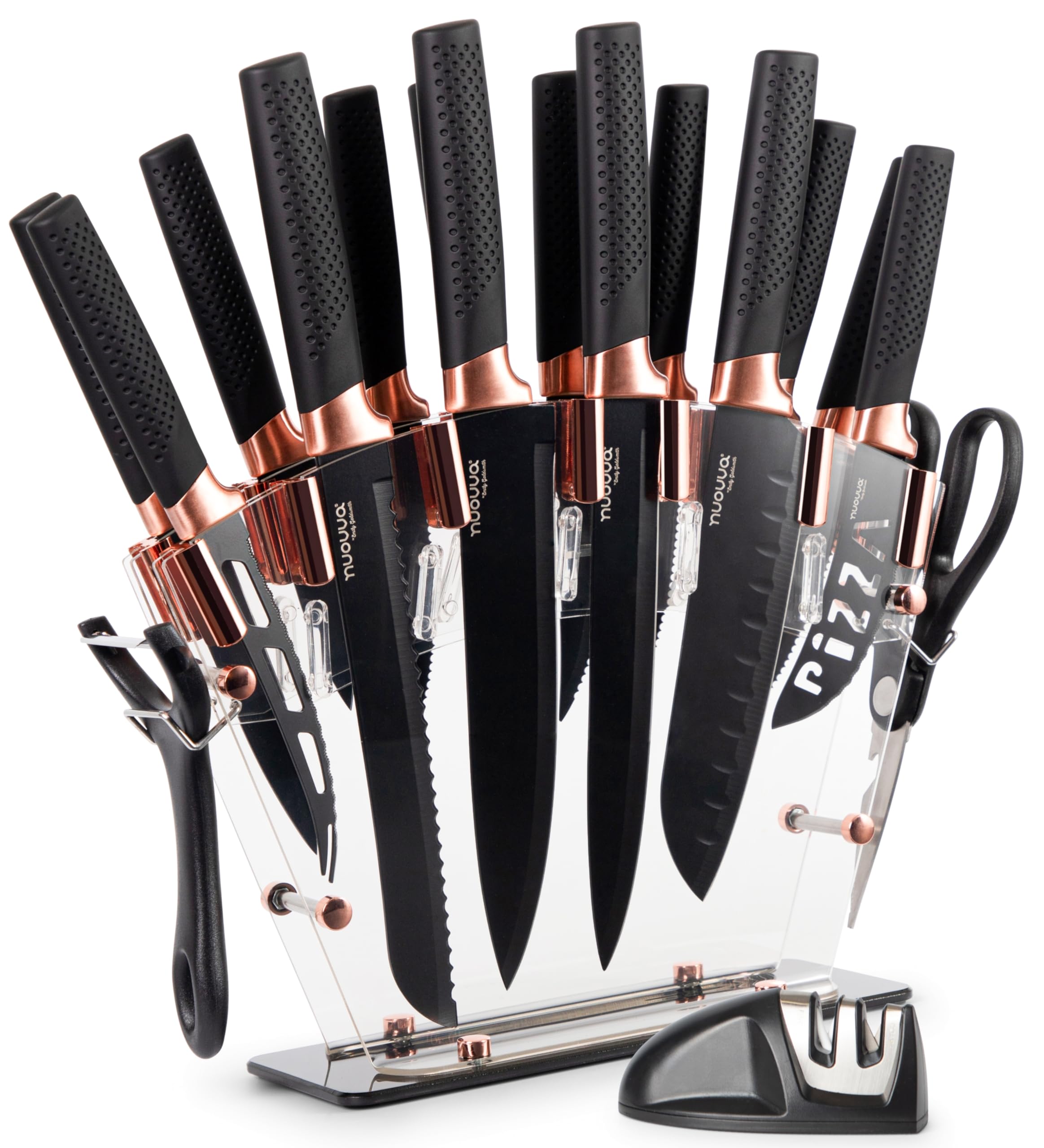 nuovva Professional Kitchen Knife Set with Block - Copper 17 Piece Knives Set With Steak Knives - Clear Acrylic Block High Carbon Stainless Steel Blades - With Knife Sharpener Peeler and Scissors