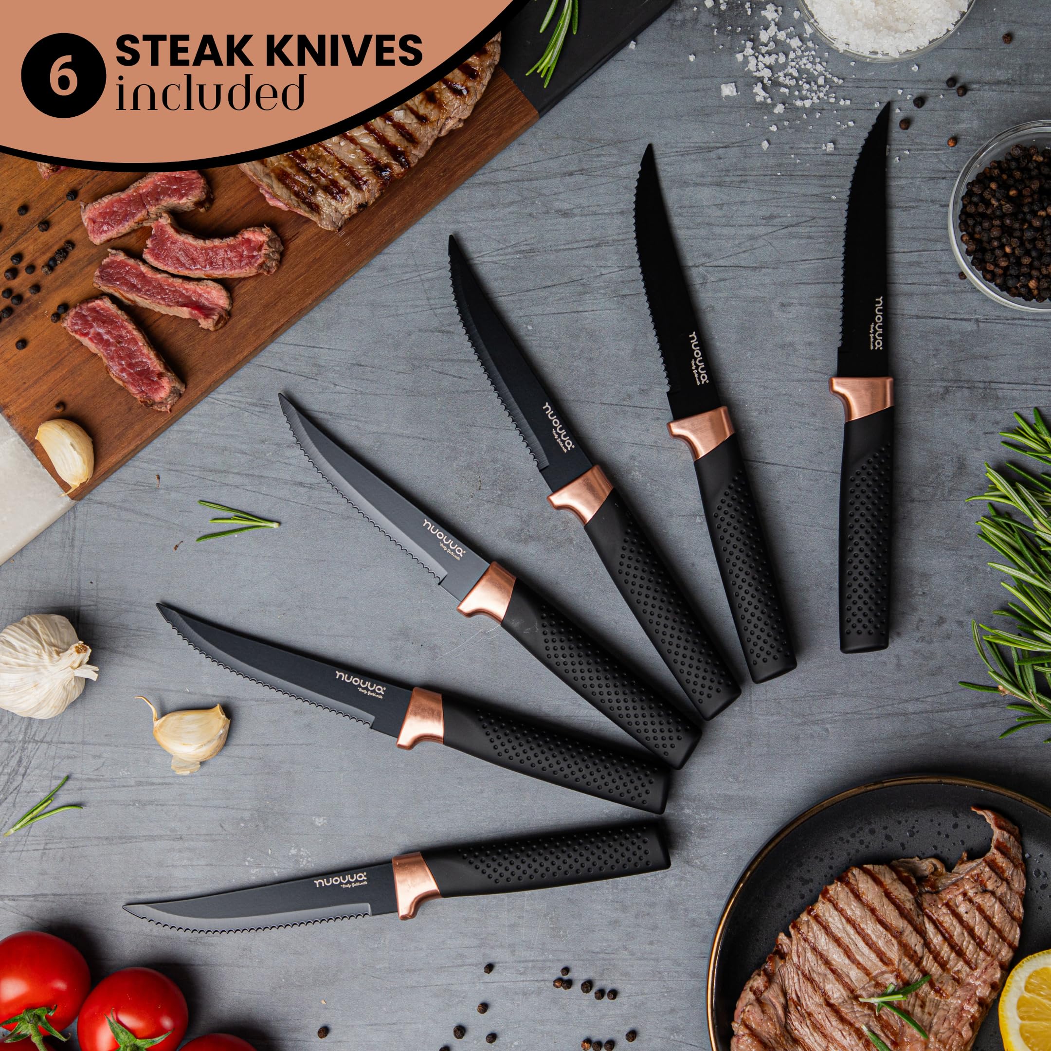 nuovva Professional Kitchen Knife Set with Block - Copper 17 Piece Knives Set With Steak Knives - Clear Acrylic Block High Carbon Stainless Steel Blades - With Knife Sharpener Peeler and Scissors