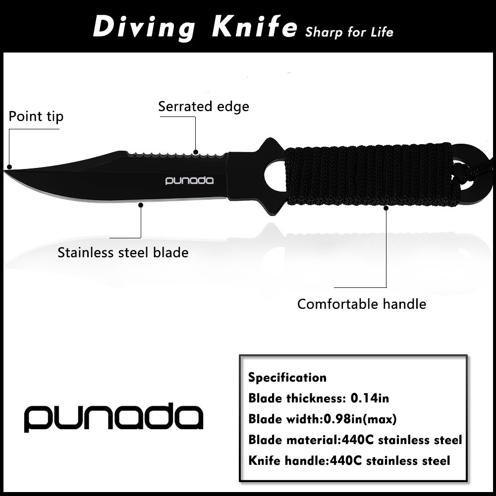 punada Dive Knife - Diving Knife with holster, Thigh Scuba Knife with 2 Types Sheath 2 Pairs Leg Straps, Black Premium Divers Knives Shears for Outdoor Spearfishing, Snorkeling