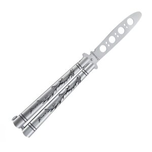 vornnex practice butterfly knife trainer with sure spring latch, full stainless steel black dull balisong, unsharpened butterfly knives comb for csgo training(silver)