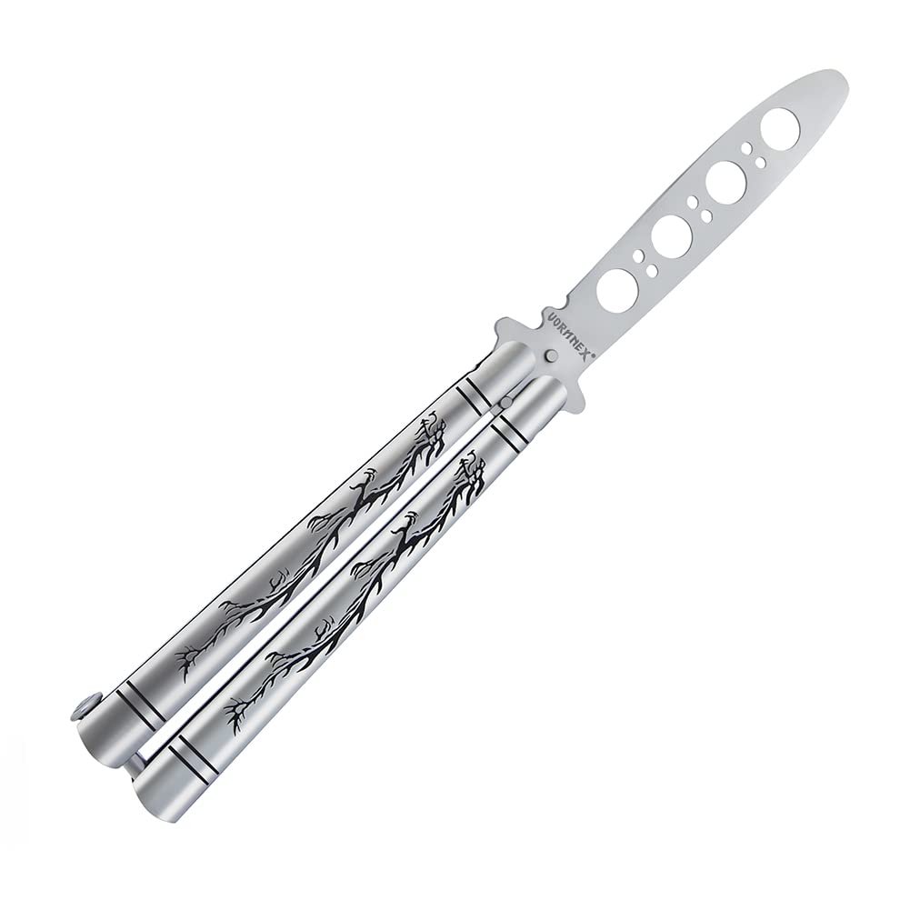 VORNNEX Practice Butterfly knife Trainer with Sure Spring Latch, Full Stainless Steel Black Dull Balisong, Unsharpened Butterfly knives Comb for CSGO Training(Silver)