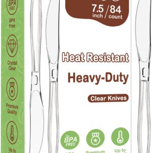 Dipoo 7.5" Clear Plastic Knives Heavy Duty Upgraded Heat Resistant & BPA Free, Solid and Durable Plastic Cutlery, Premium Disposable Knives, for Party Supply(84 Count)