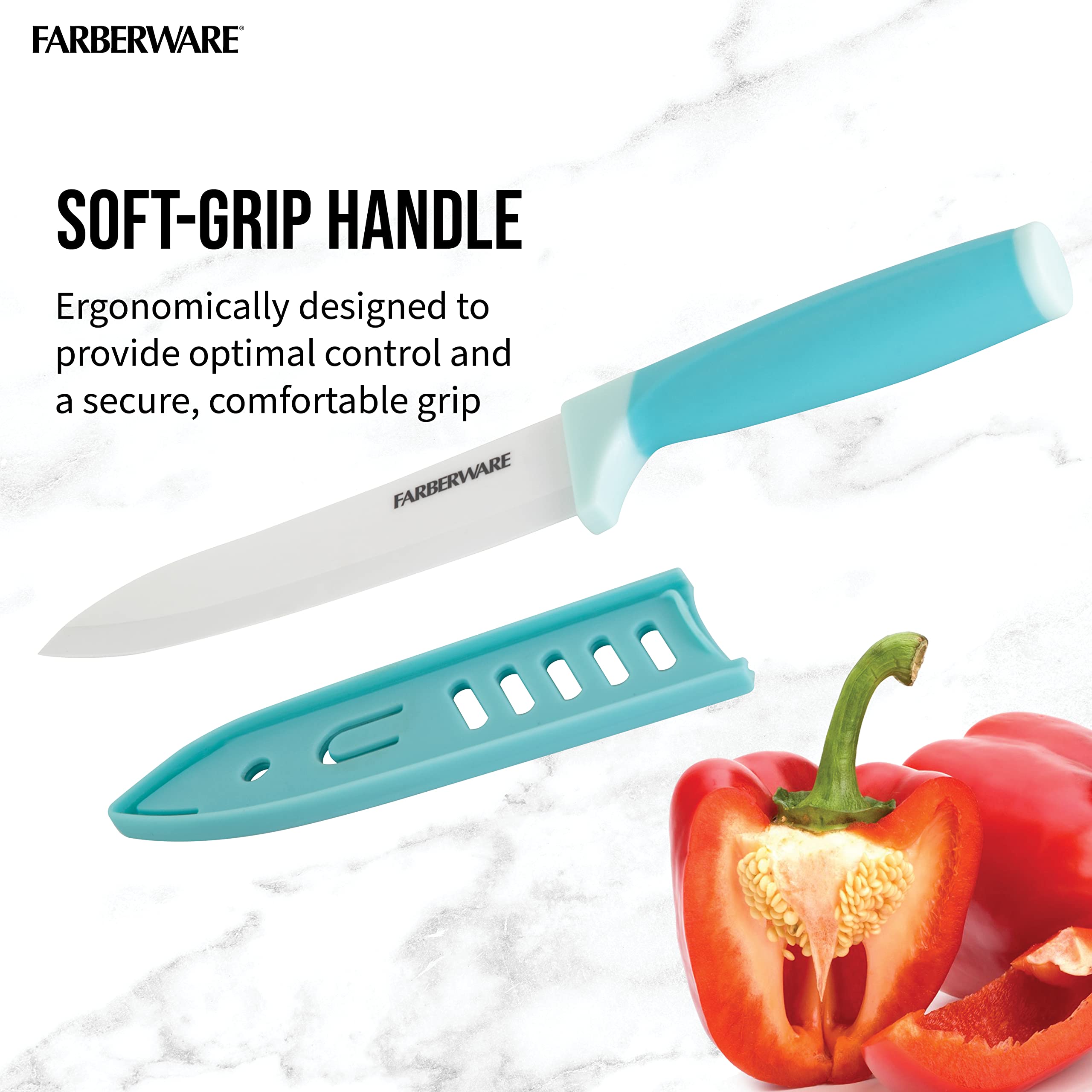 Farberware Ceramic Chef Knife with Custom-Fit Blade Cover, Razor-Sharp Kitchen Knife with Ergonomic, Soft-Grip Handle, Dishwasher-Safe, 6-inch, Aqua