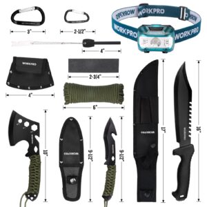 WORKPRO Camping Hatchet & Machete with Sheath, Camping Axe and Fixed Blade Hunting Knives with Paracord Handle, Headlamp, Flint, Camping Tool Set for Outdoor Hunting Survival