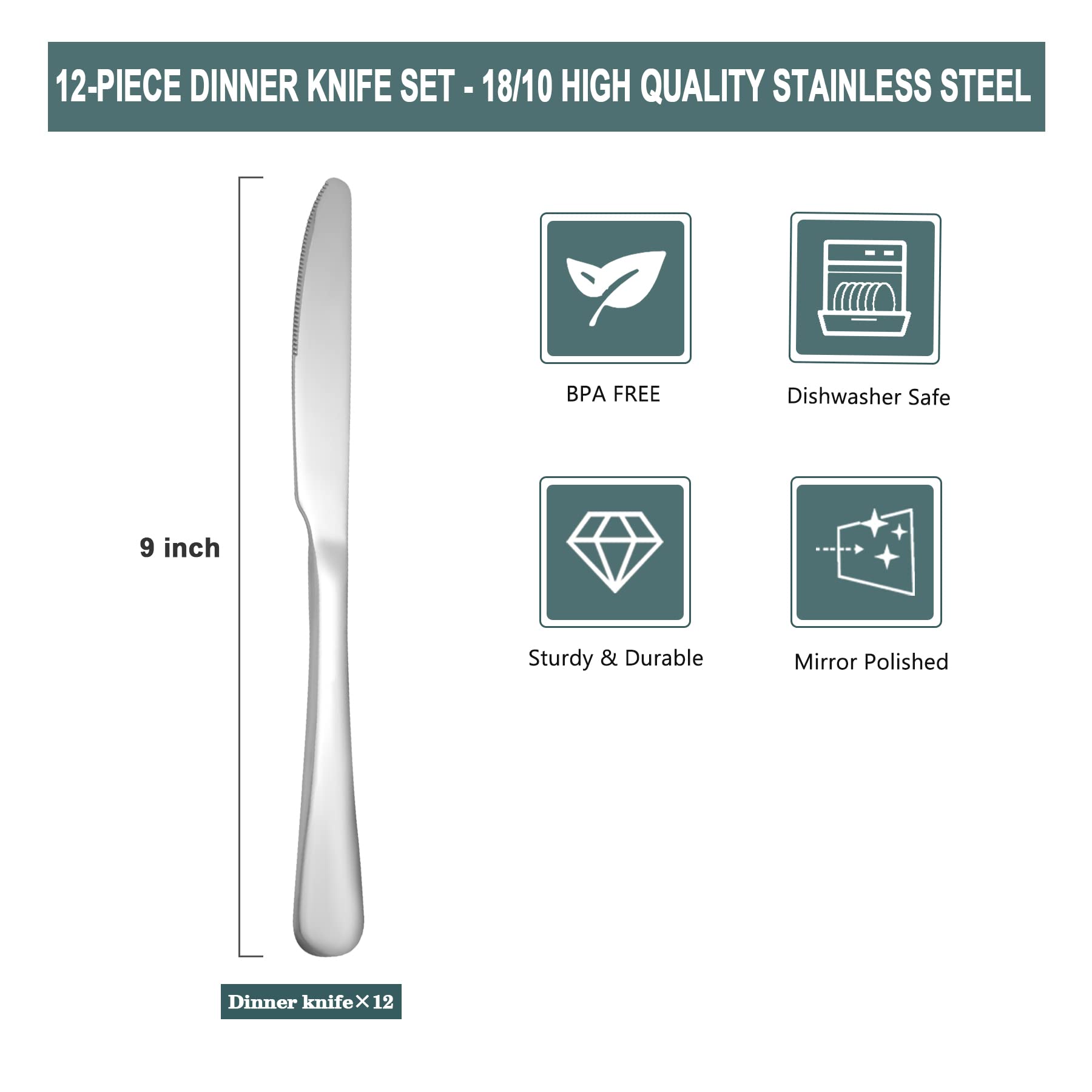 SANTUO Stainless Steel 12-Piece Dinner Knives Pack, Table Steak Knives Set for 12 (Silver 9 Inches)