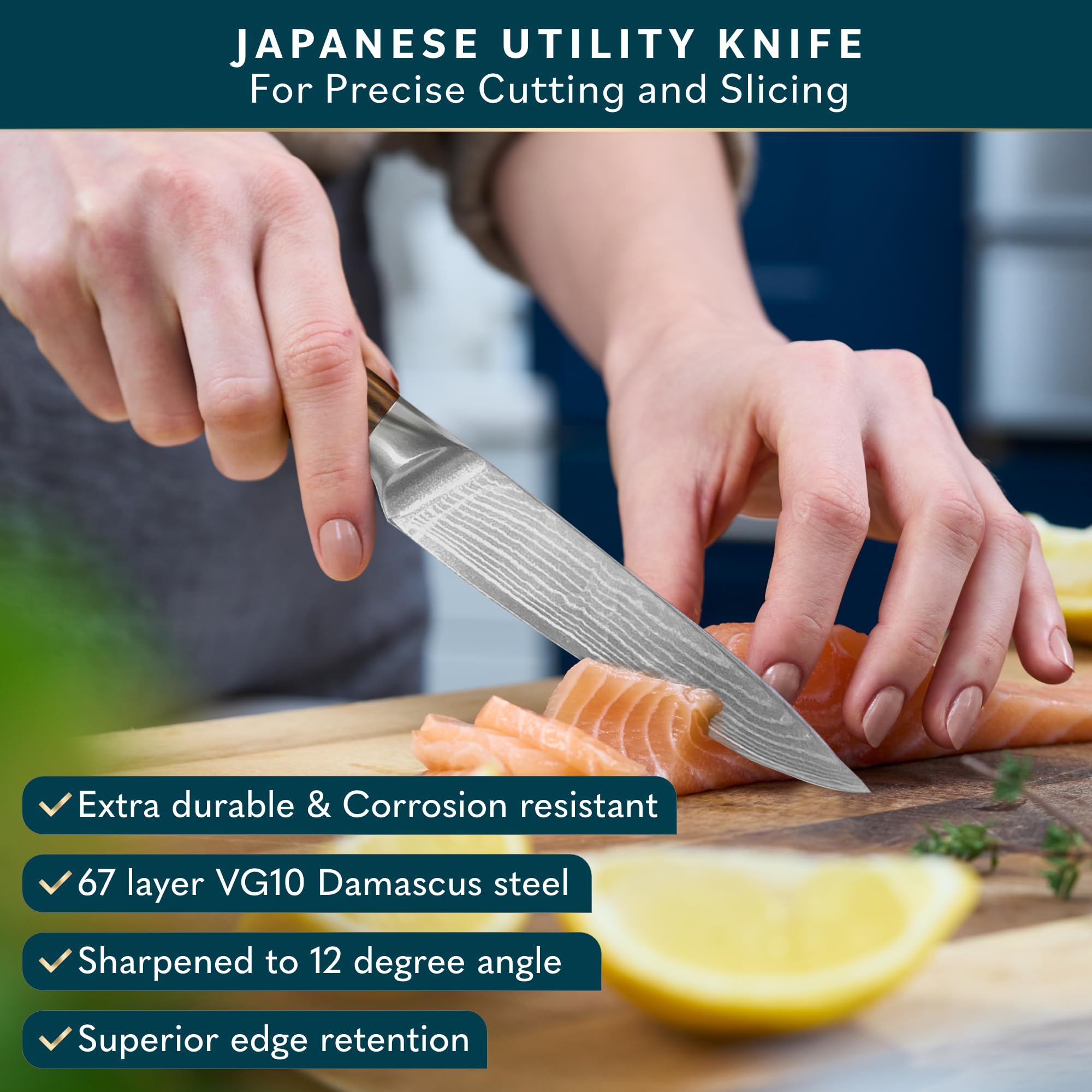 Home Hero Japanese Utility Knife Collection - VG10 Damascus Steel Triple Rivet Ultra Sharp 67 Layers Kitchen Knife with Ergonomic Rosewood Handle - Unique Gift for Men & Women (5 Inch Utility Knife)