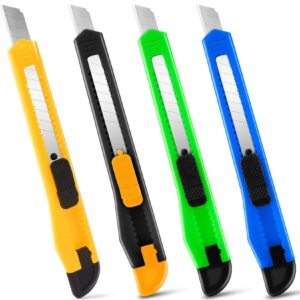 TIFICAL Box Cutter Retractable - 4 Pack - Premium Utility Knife - 9mm Wide Snap-Off Blades Razor Knife - Box Opener for Cutting Carboard, Boxes - Exacto Knife Box Knife for Home, Office, Craft Use