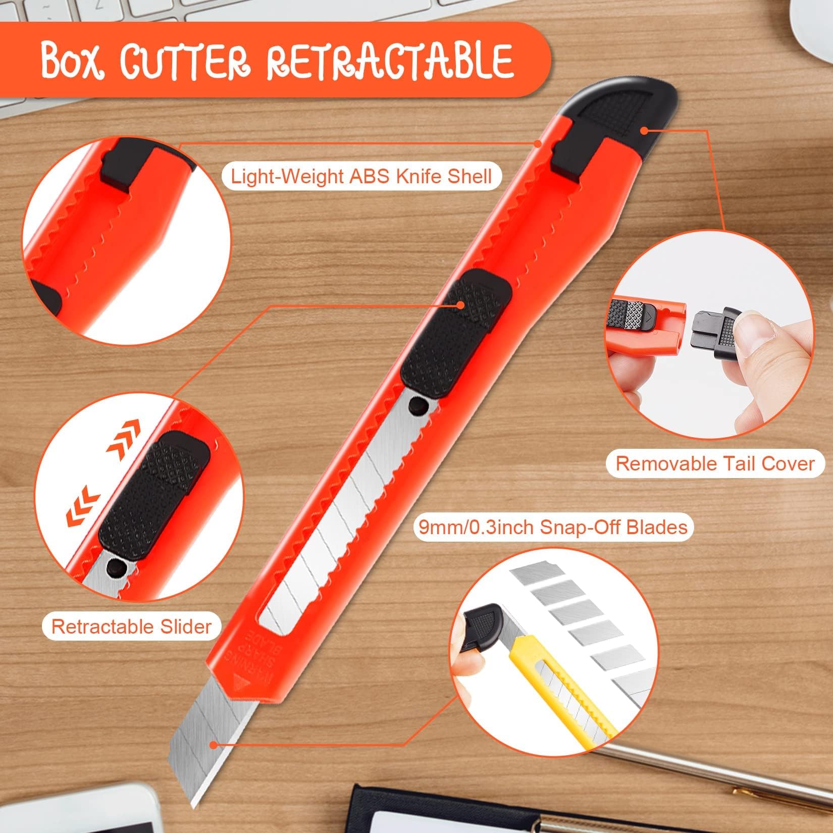 TIFICAL Box Cutter Retractable - 4 Pack - Premium Utility Knife - 9mm Wide Snap-Off Blades Razor Knife - Box Opener for Cutting Carboard, Boxes - Exacto Knife Box Knife for Home, Office, Craft Use