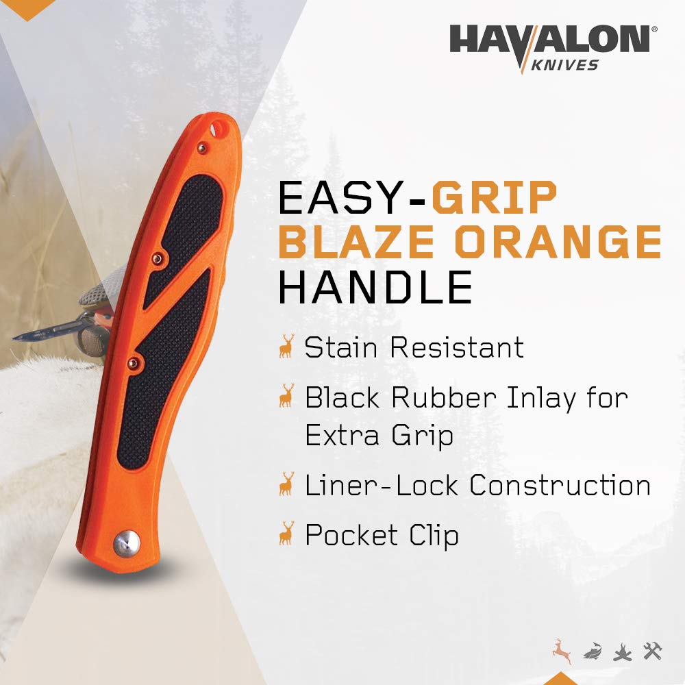 Havalon Piranta-Edge - Outdoor Knife + 12 Replacement Blades, Sharp Skinning Knives for Hunting, Fishing, Deer & Survival, Orange