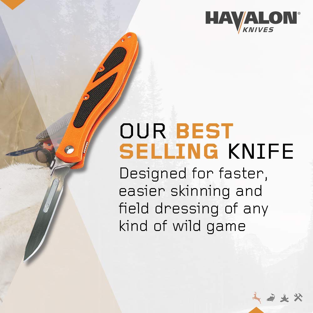 Havalon Piranta-Edge - Outdoor Knife + 12 Replacement Blades, Sharp Skinning Knives for Hunting, Fishing, Deer & Survival, Orange