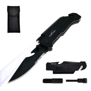 albatross 6-in-1 survival tactical military folding pocket knives with led light,seatbelt cutter,glass breaker,magnesium fire starter,bottle opener;multi-function emergency tool(black)