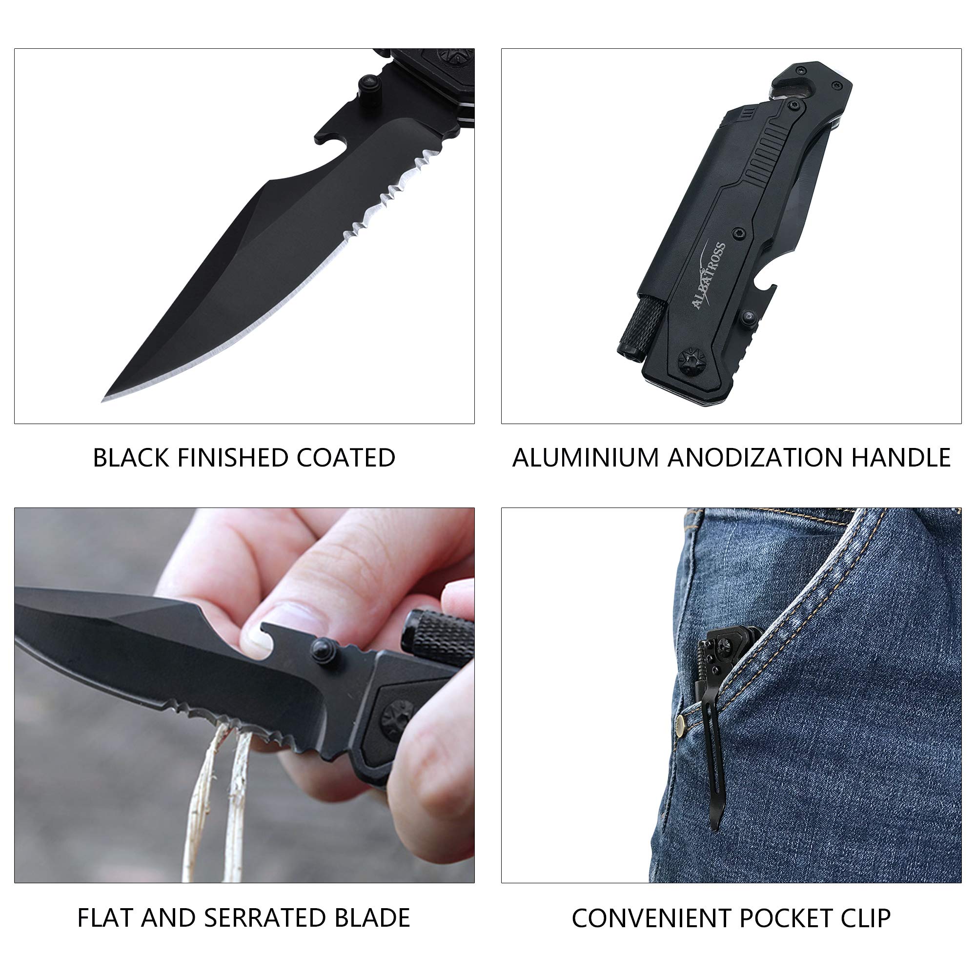 ALBATROSS 6-in-1 Survival Tactical Military Folding Pocket Knives with LED Light,Seatbelt Cutter,Glass Breaker,Magnesium Fire Starter,Bottle Opener;Multi-Function Emergency Tool(Black)